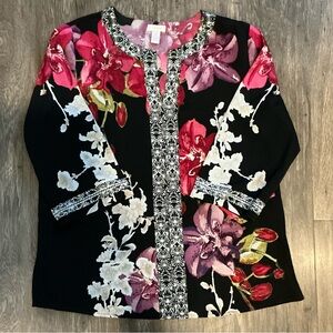 Chico’s Black and Floral Tunic Blouse